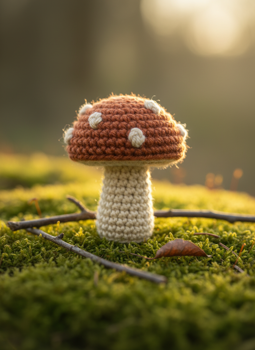 A small, perfectly shaped crochet mushroom in warm terracotta and soft beige yarn stands upright on a bed of real green moss. The cap features tiny bobble stitches mimicking natural spots, while the stem is tightly stitched, giving a sturdy, organic appearance. Surrounding the mushroom are a few miniature twigs and a single curled brown leaf, gently out of focus. Soft golden-hour sunlight streams from the right, skimming across the moss and mushroom, creating luminous highlights on the yarn and delicate shadows beneath the cap. Photographed from a low, close-up angle, the background fades into a dreamy woodland blur. The mood is whimsical yet refined, with photographic realism and a clean, nature-centric aesthetic.