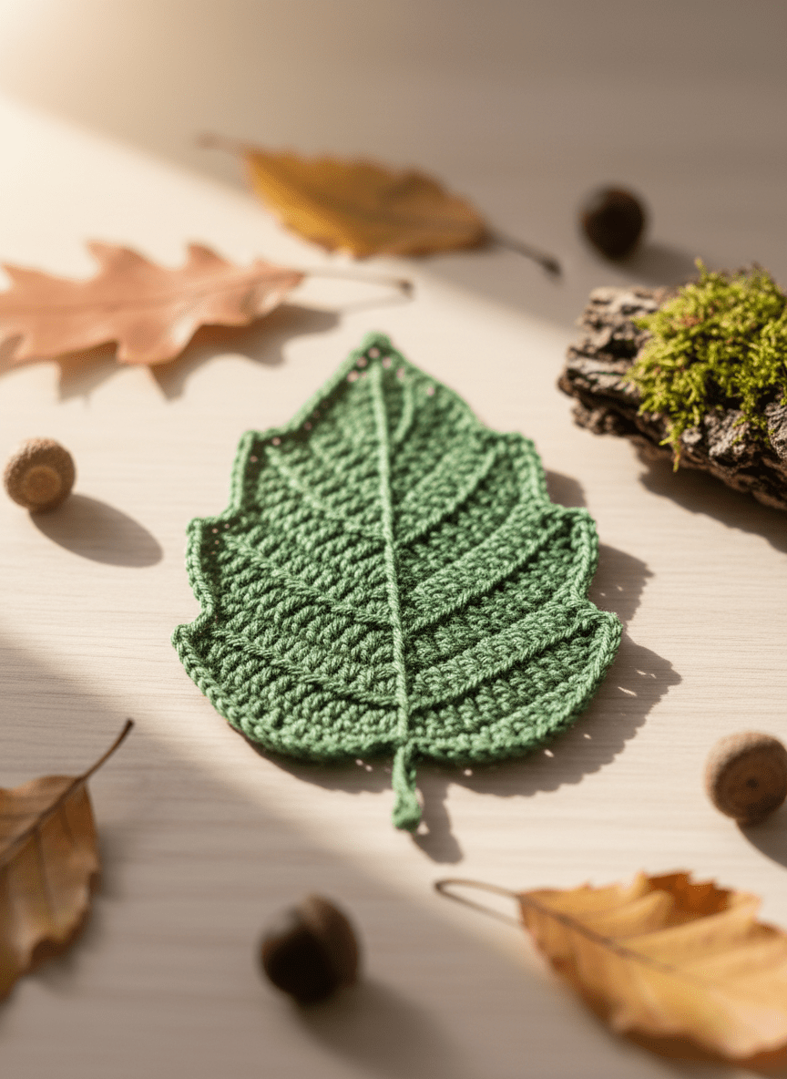 A delicately crocheted forest-green leaf, crafted from fine cotton yarn with subtle variegation, lies on a smooth, pale wooden tabletop. Tiny stitches form realistic veins, giving the leaf a sophisticated, organic texture. Around it are scattered a few real dried leaves, acorns, and a small piece of moss-covered bark, softly blurred. Gentle morning daylight falls from the left, creating tender highlights on each yarn strand and soft shadows along the leaf’s edge. Photographed at eye level with a shallow depth of field, the crocheted leaf is centered in crisp focus, while the natural elements melt into a creamy bokeh. The mood is serene, contemplative, and refined, with photographic realism and a minimalist, nature-inspired aesthetic.