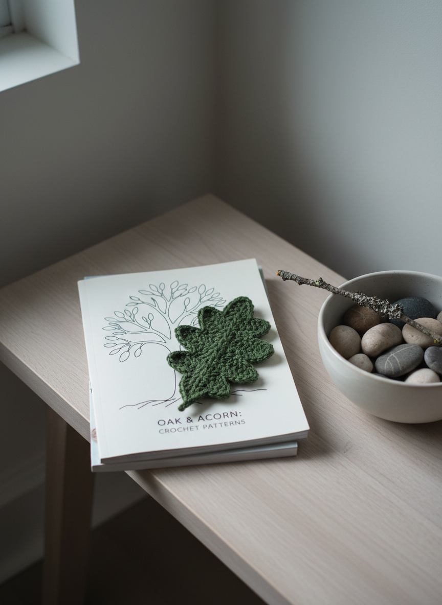 A tranquil corner tableau featuring a small stack of nature-themed crochet pattern booklets with a minimalist cover design, topped by a single crocheted oak leaf in deep moss green. The stack rests on a light ash-wood bench beside a simple ceramic bowl filled with polished river stones and a sprig of lichen-covered twig. Cool, diffused afternoon light enters from a nearby unseen window, creating soft, even illumination and delicate, elongated shadows on the bench surface. The composition is asymmetrically balanced, with the books placed off-center, following a clean, modern aesthetic. Photographed at eye level with a gentle depth of field, text and stitches are readable while the bowl and twig blur slightly. The mood is contemplative, organized, and subtly artistic, perfectly merging nature, craft, and quiet inspiration.
