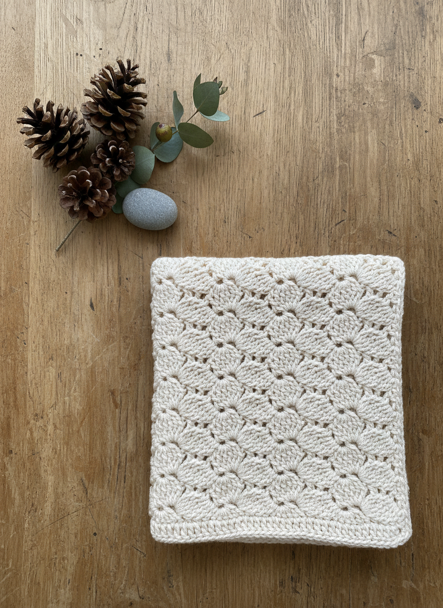 An elegant flat lay of a neatly folded, cream-colored crochet blanket featuring a subtle leaf and pinecone pattern, made from soft, natural-fiber yarn with a matte finish. The blanket rests on a rustic oak table alongside a cluster of pinecones, a sprig of eucalyptus, and a smooth river stone. Diffused overcast light from above gently illuminates the textures, highlighting the intricate stitches and casting almost imperceptible shadows in the pattern’s recesses. The composition follows the rule of thirds, with the blanket occupying the lower right and the nature elements balancing the upper left. Captured in photographic realism from directly overhead, the atmosphere feels calm, sophisticated, and warmly minimal, evoking quiet nature moments and heartfelt handmade comfort.