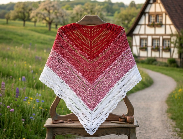Schultertuch in den Farben rot und weiß im Farbverlaufsgarn gehäkelt.